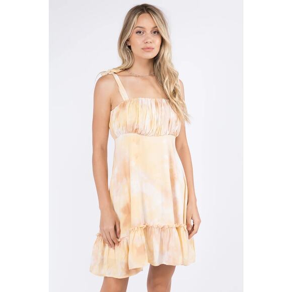 Whiteroom + Cactus Beige/ Cream Tie Dye Shirred Mini Dress Size: L - Picture 2 of 6